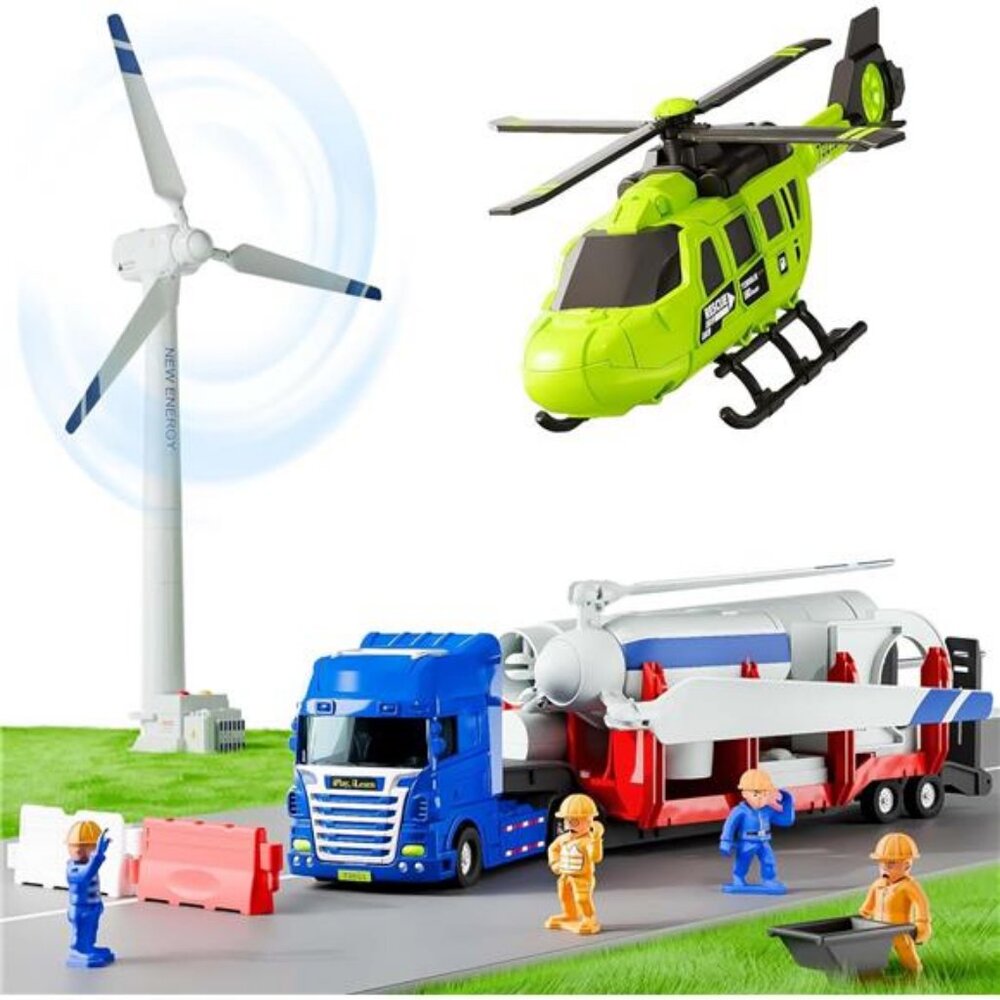 Kids Truck Trailer Toys, Toddler Vehicle Playset W/Helicopter